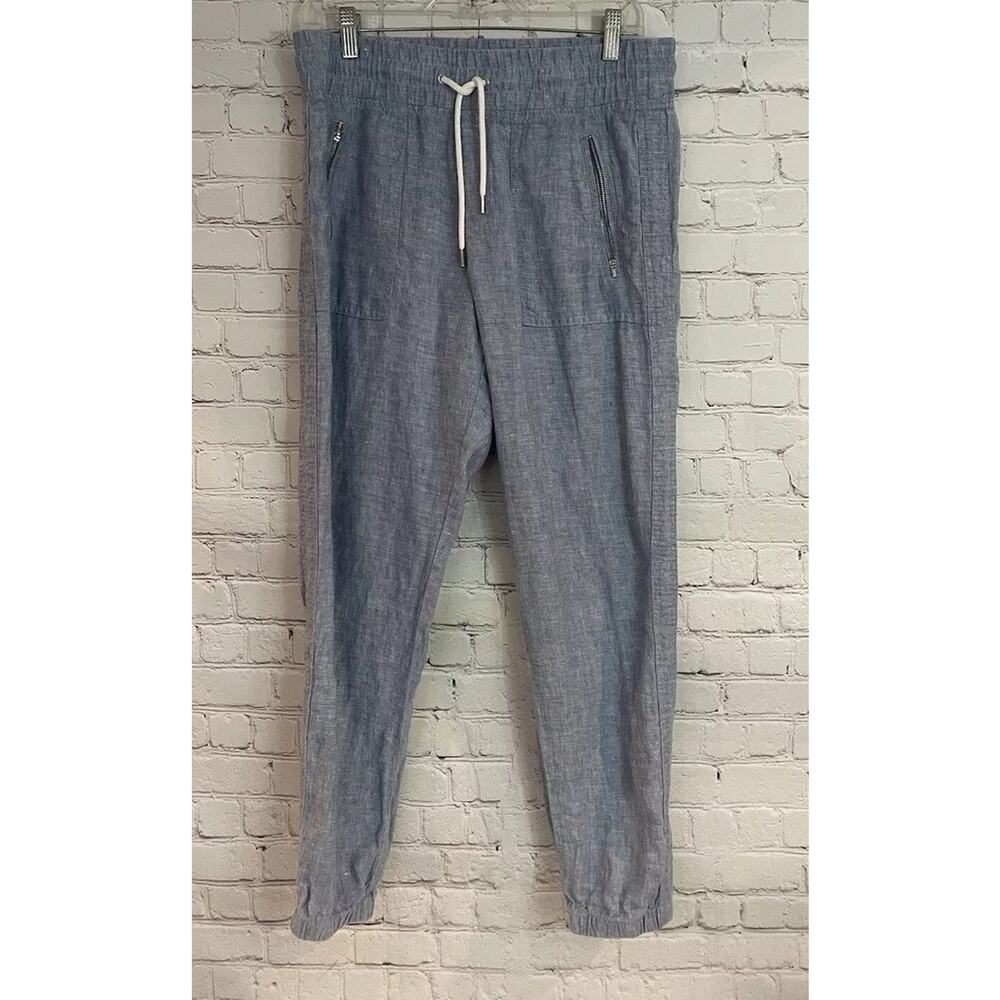 Athleta Cabo Linen Jogger Size 6 Chambray Blue Zip Pockets Drawstring High Rise